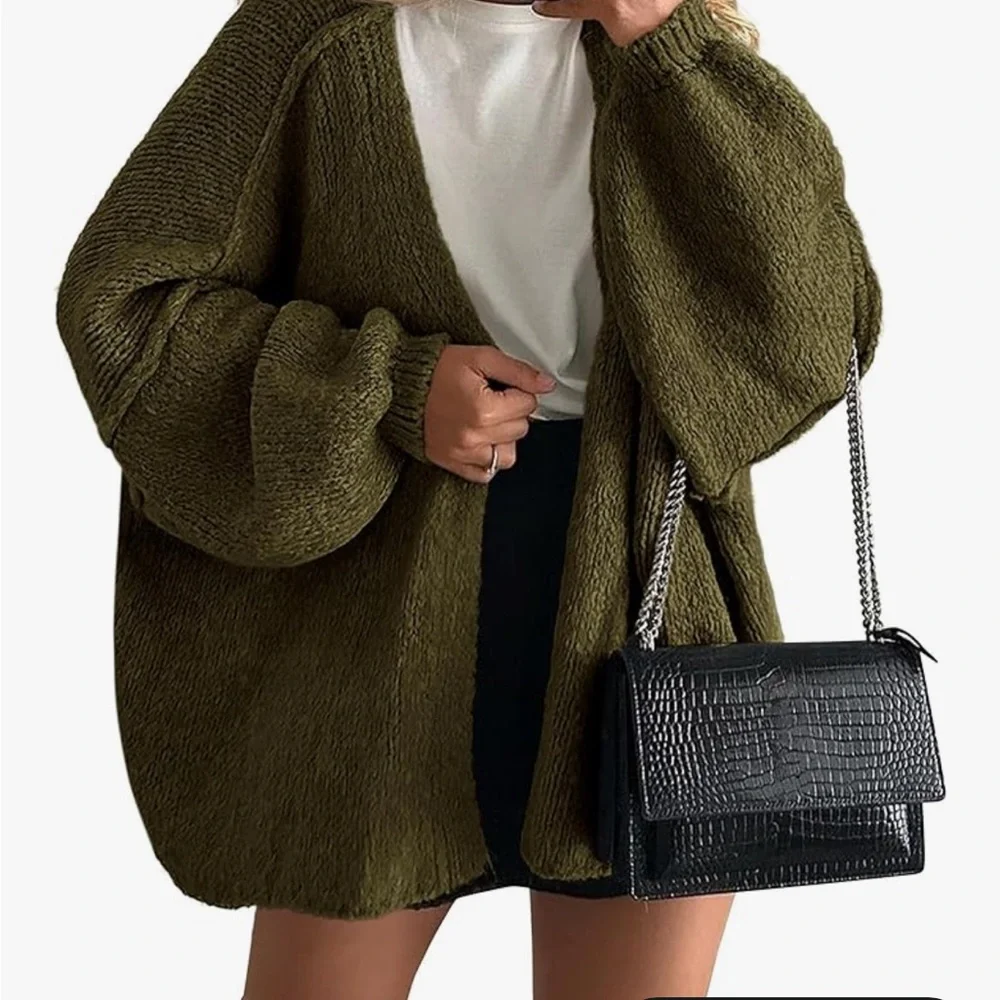 Olive Green Open Front Cardigan medium - Picture 2 of 7